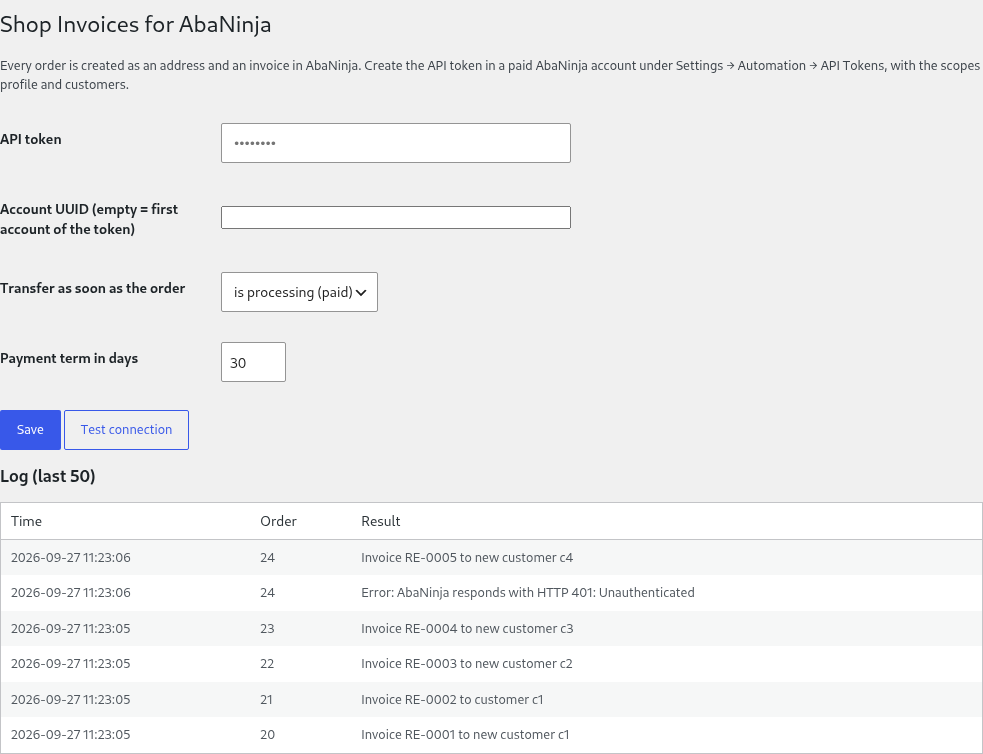 Settings page in the WordPress admin: API token, trigger, payment terms, log of transferred orders