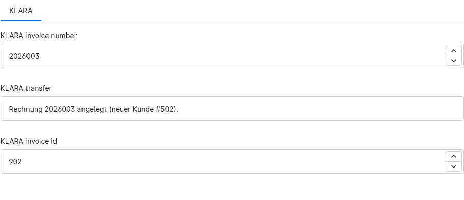 Shopware-Administration, Bestellung mit den Zusatzfeldern KLARA-Rechnungsnummer, Übertragung und Rechnungs-ID